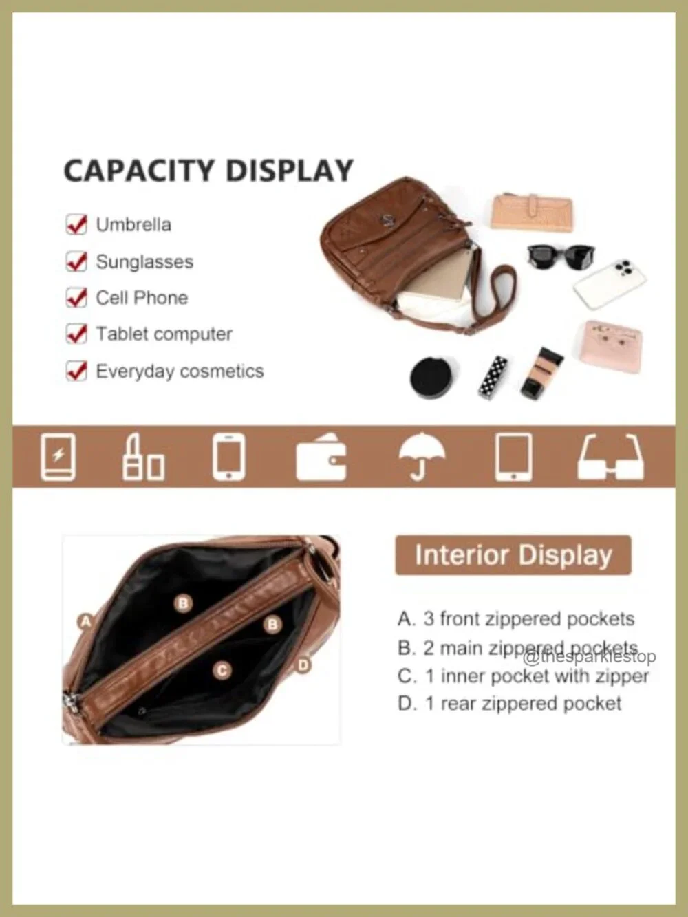 Soft Faux Leather Crossbody Bag Multi Zipper Pockets Wide Strap Purse